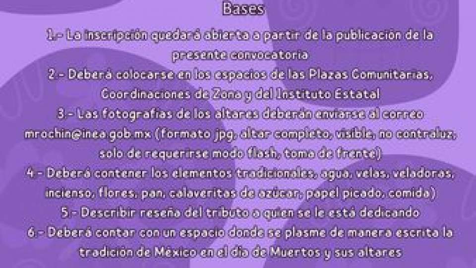 El ISEA, con el objetivo de preservar las tradiciones de la cultura mexicana, por este medio, promueve la Convocatoria del Concurso: “Altar de Muertos” y &quot;Calaveritas Literarias&quot;